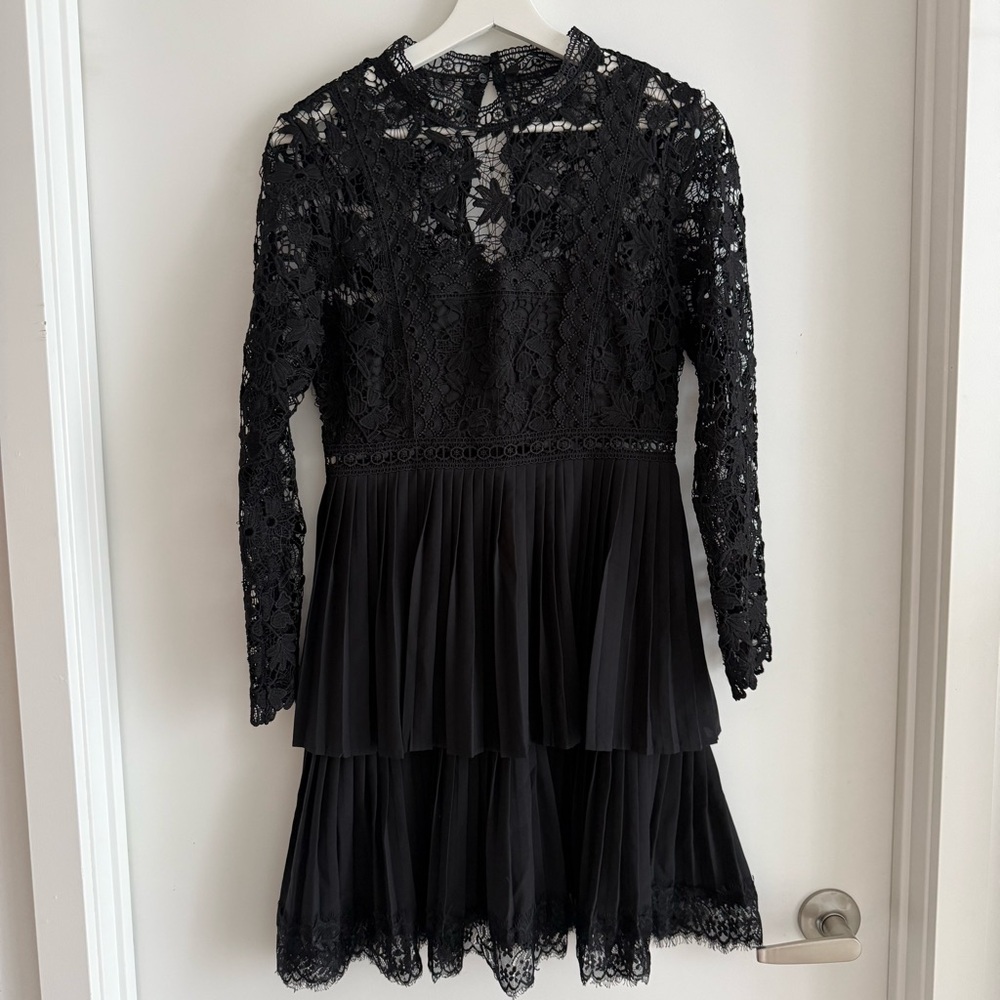 ZARA Black Lace Long Sleeve Pleated Mini Dress Romantic Chic
